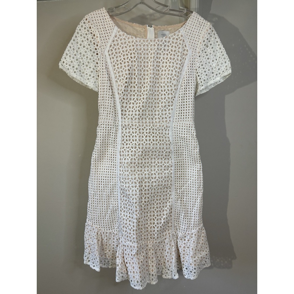 HD IN PARIS White Eyelet Short Sleeve Dress 4 Anthropologie Wedding Bridal LWD